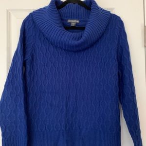 Vibrant blue cowl neck cable knit sweater